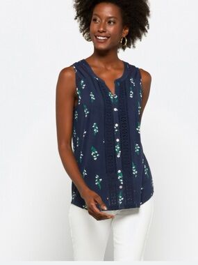 Daniel Rainn Navy Floral Crochet-Trim Button-Front Sleeveless Camisole